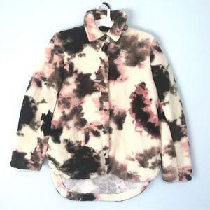 BP Teddy Shirt Jacket Sweater Womens Size XS Ivory Brown Tie Dye Long Sleeve Top